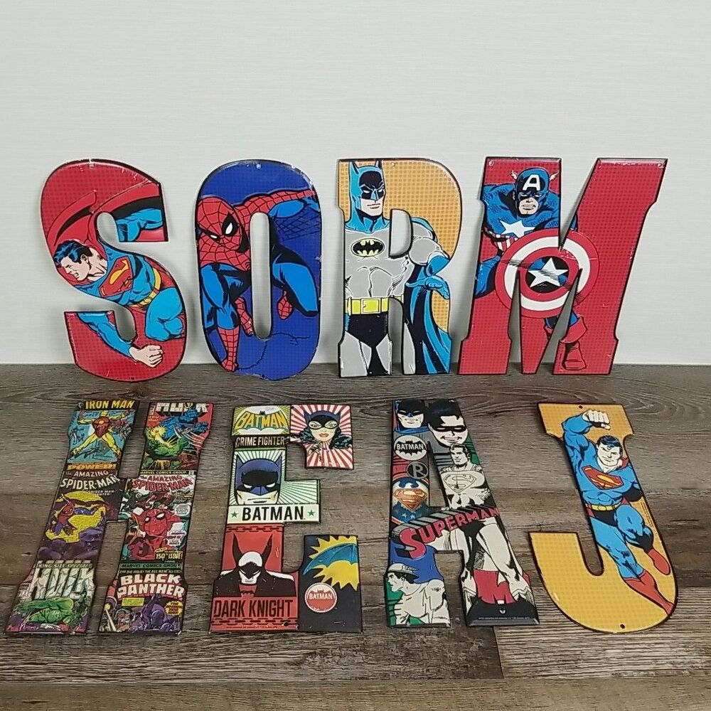 Vintage DC/Marvel Character 10" Tin Letter Signs Lot Superhero Open Road Brands